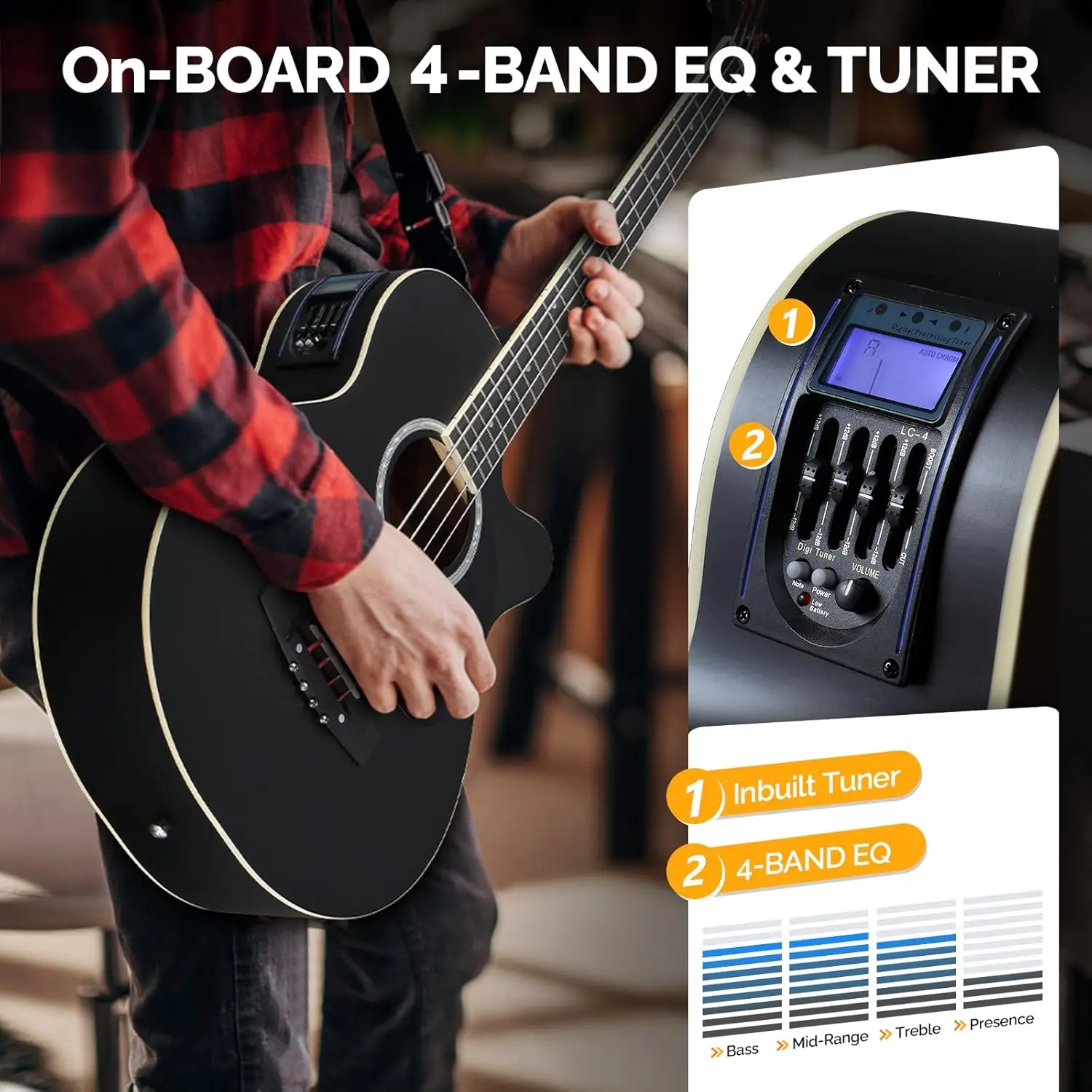 Acoustic Electric Bass Guitar Beginner Kit Full Size with 15W Amp, Cutaway 4-String Bass w/ Built-in Tuner, Includes Gig Bag, Strap, Picks, Extra Strings, Matte Black Finish view 3