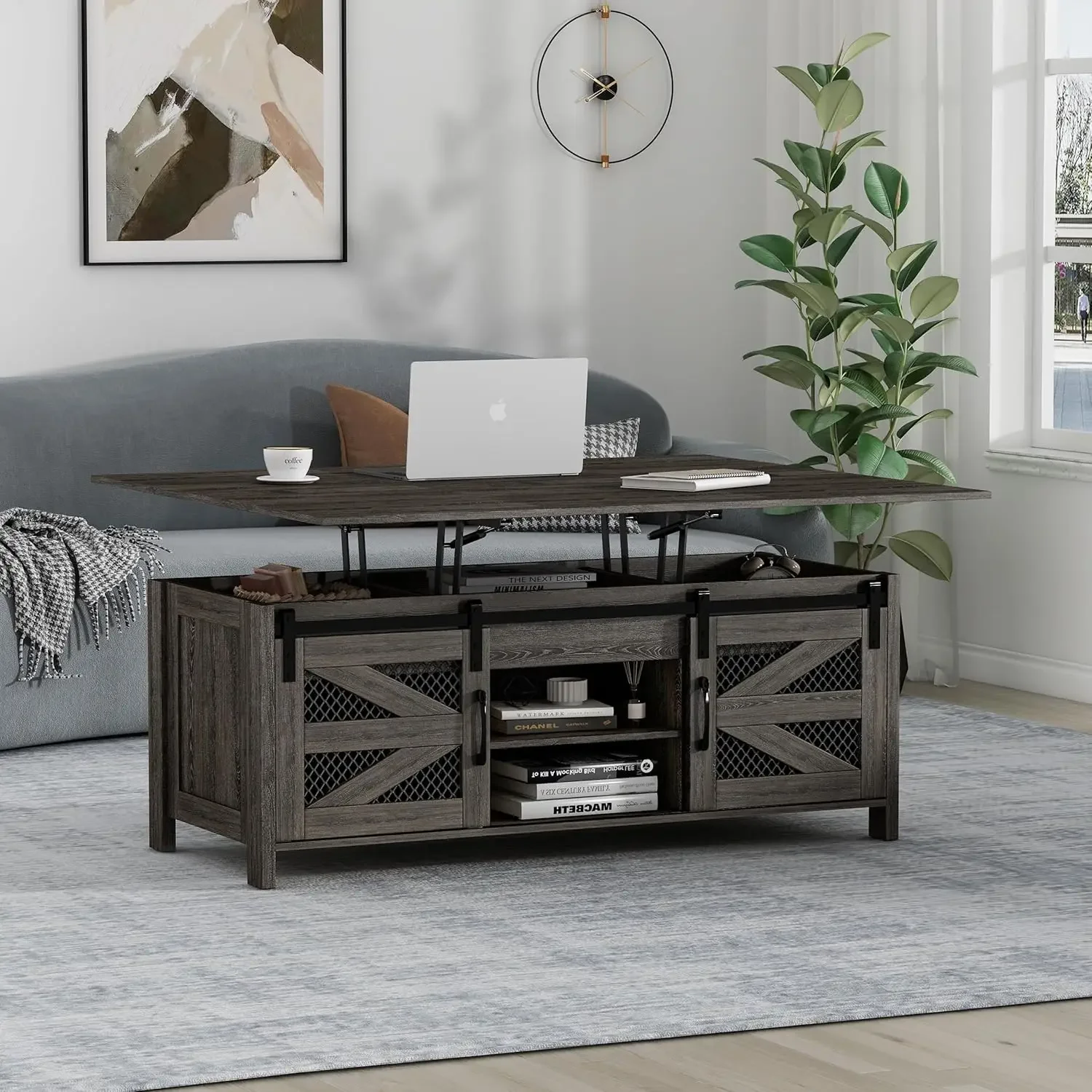 wanan 47.2" Lift Top Coffee Table, 4 in 1 Farmhouse Coffee Table with Sliding Barn Doors, Coffee Tables for Living