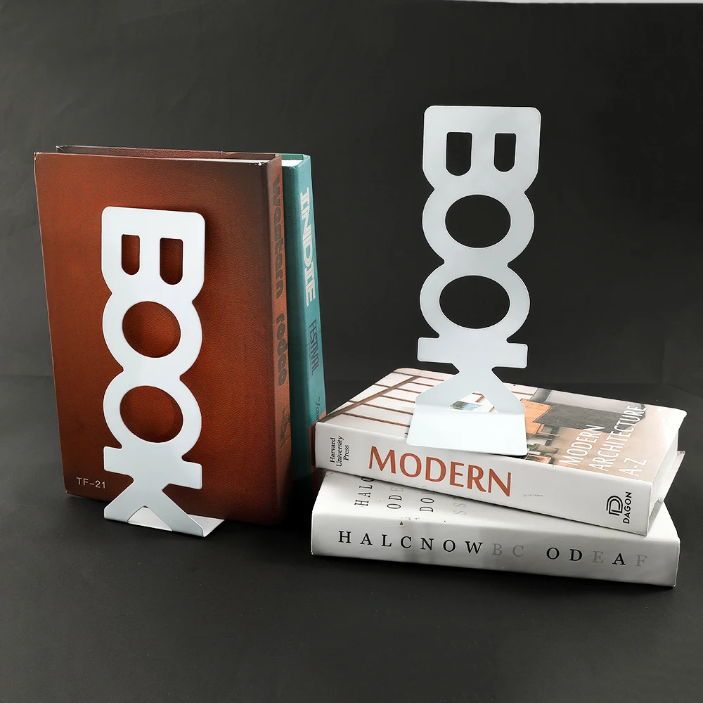 Ceative Hollow-out BOOK Letters Bookend Set of 2 Metal Book Stand Classic Magazine Book Organizer Holder for Home Office