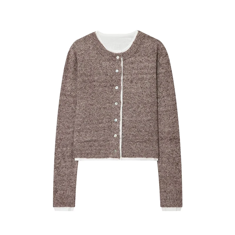 

Women New Autumn 2025 Contrasting Knitted Cardigan Front Button Round Neck Long Sleeve Short Casual Outerwear