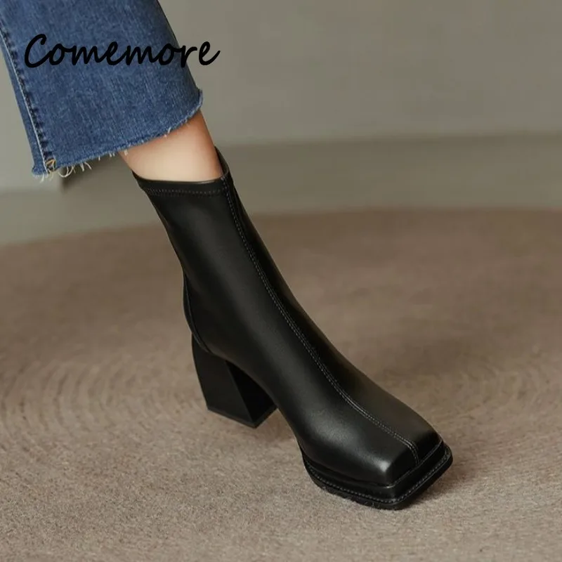 Comemore Women Fashion High Quality Leather Zippesr Shoes Ladies Elegant Short Botas chic demi-season Sexy High Heel Ankle Boots