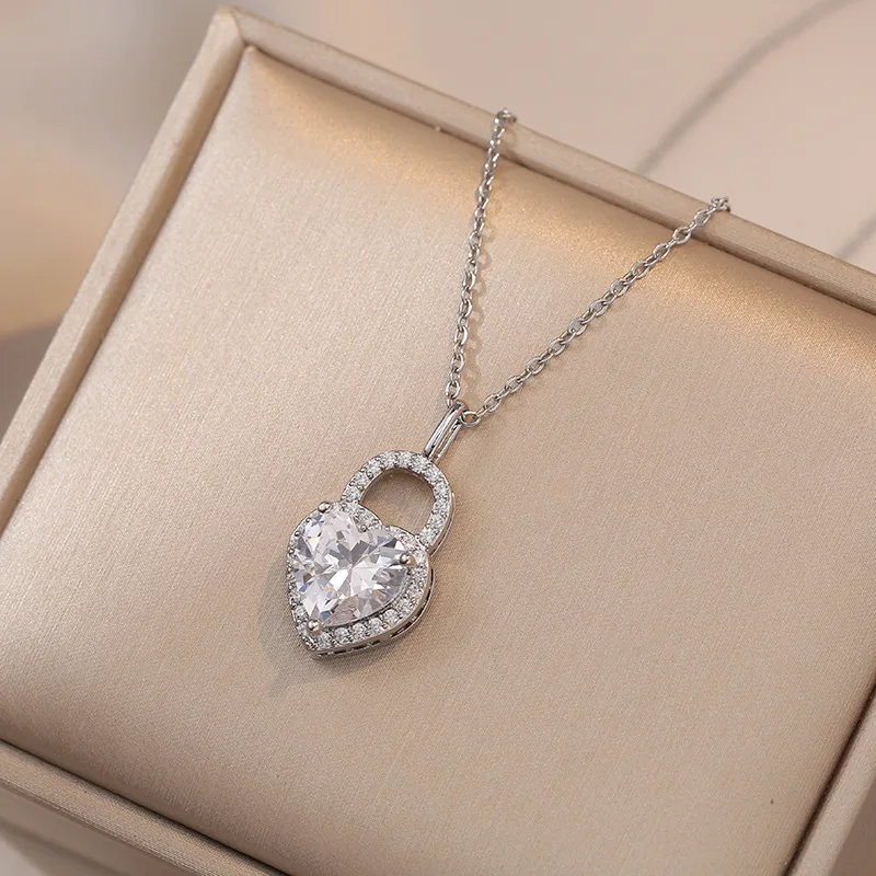 Stainless Steel White CZ Crystal Key & Lock Charm Pendant Necklaces Bohemia Heart Link Chain Necklace For Women view 3