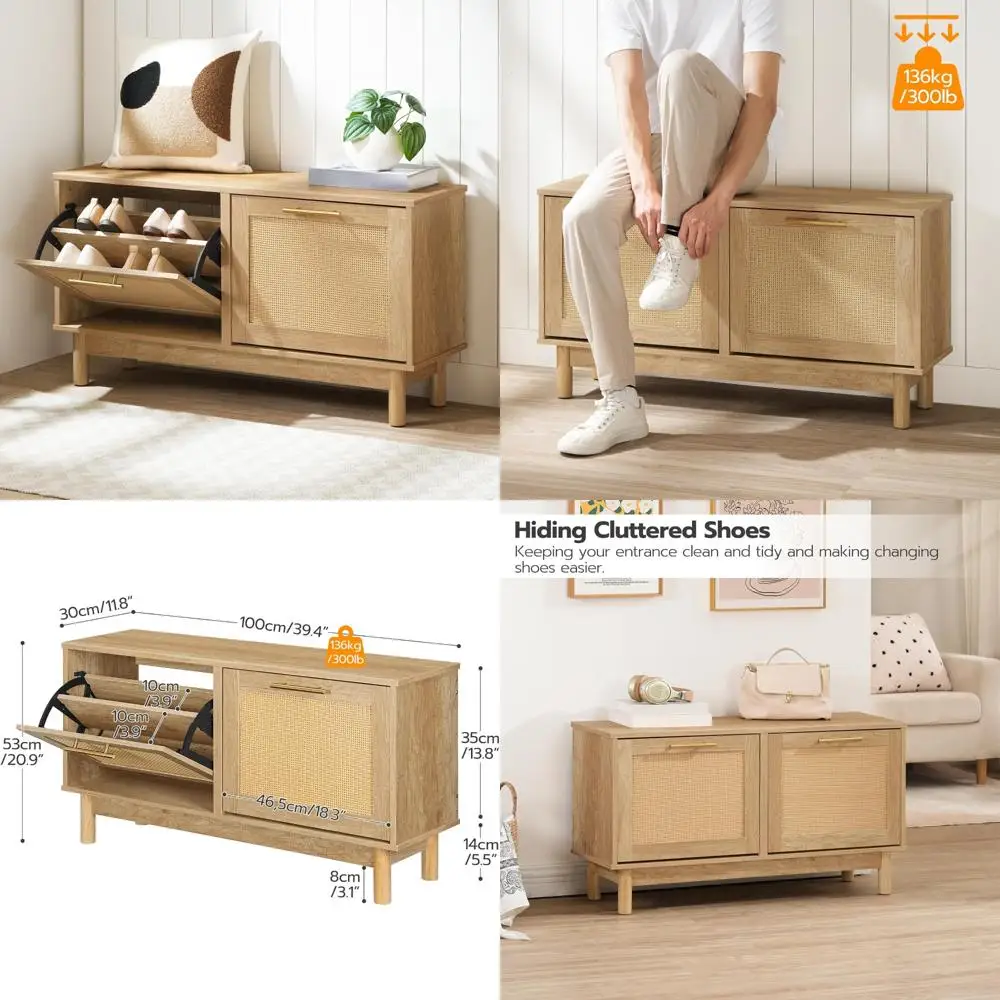 

Rattan-Style Shoe Storage Bench with Flip Drawers, Slim Shoe Rack Cabinet for Entryway