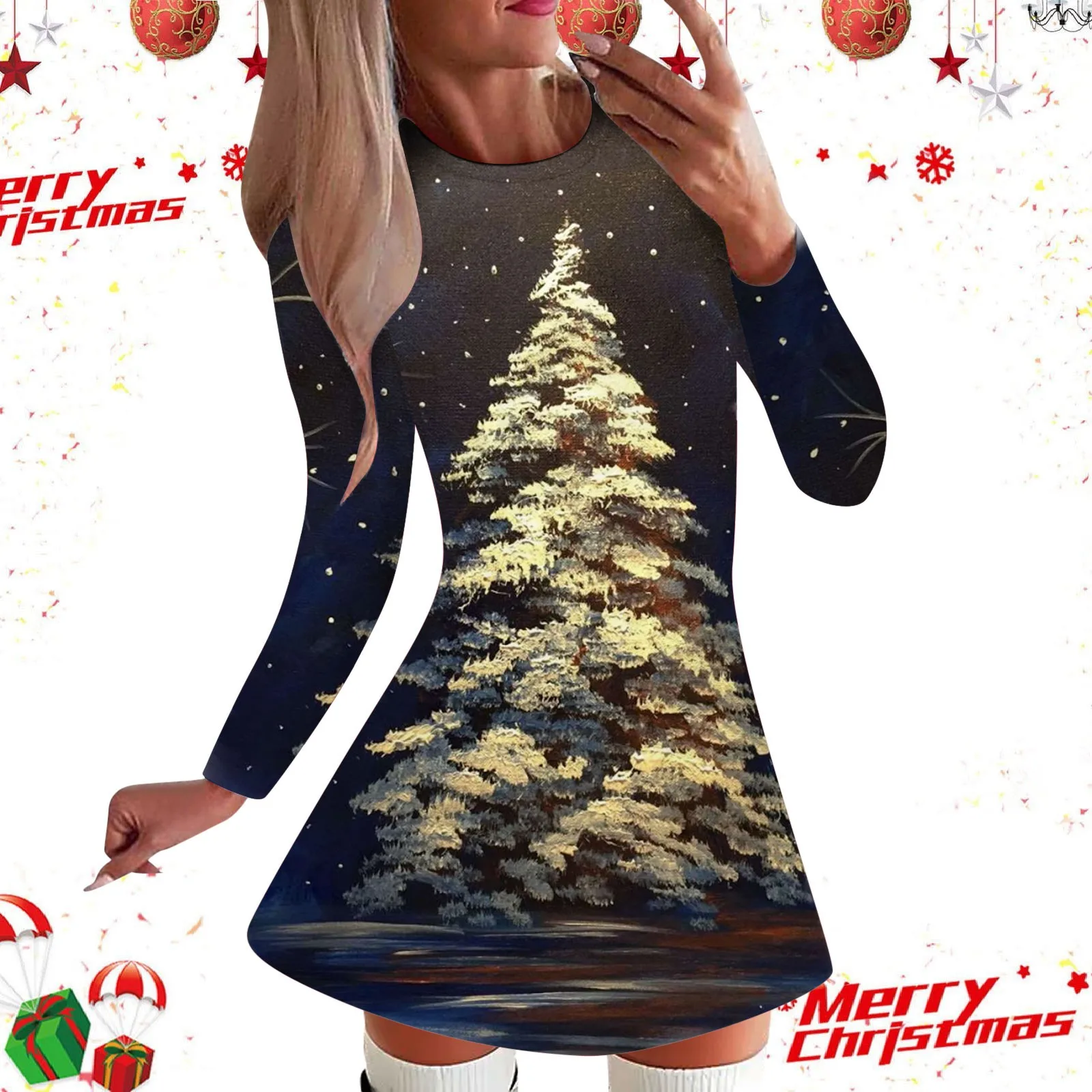 Elegant Fashion Christmas Tree Print Dresses For Women 2023 Winter Long Sleeve A-Line Dress Casual Loose Oversized Lady Clothing