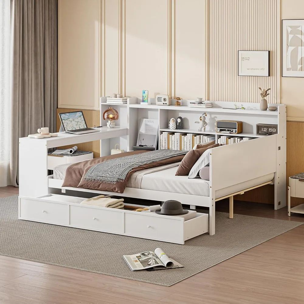 SOFTSEA Full Size Daybed with Storage Drawers & Bokcase, Wood Daybed with Desk, Bookcase & USB Ports for Kids Teens Adults, L Sh