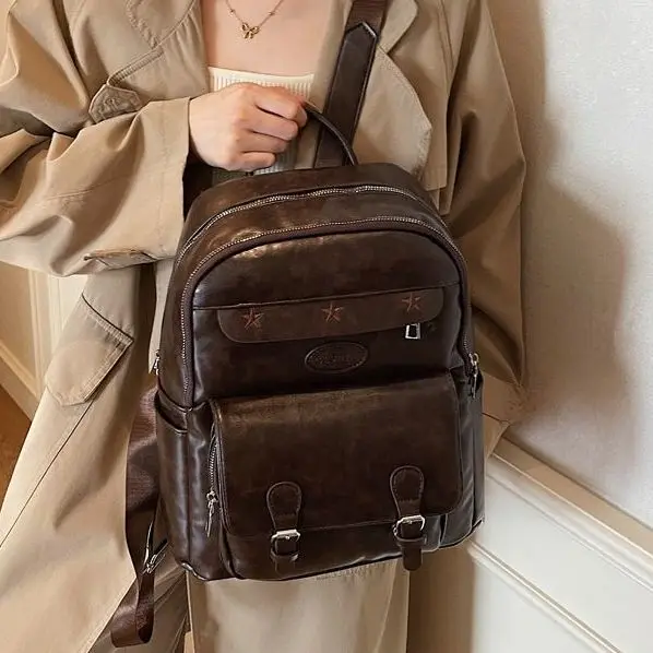 

JIAERDI Ретро Рюкзак со звездной вышивкой, женский кожаный рюкзак большой вместимости, женский повседневный повседневный рюкзак Mochilas Mujer 2025