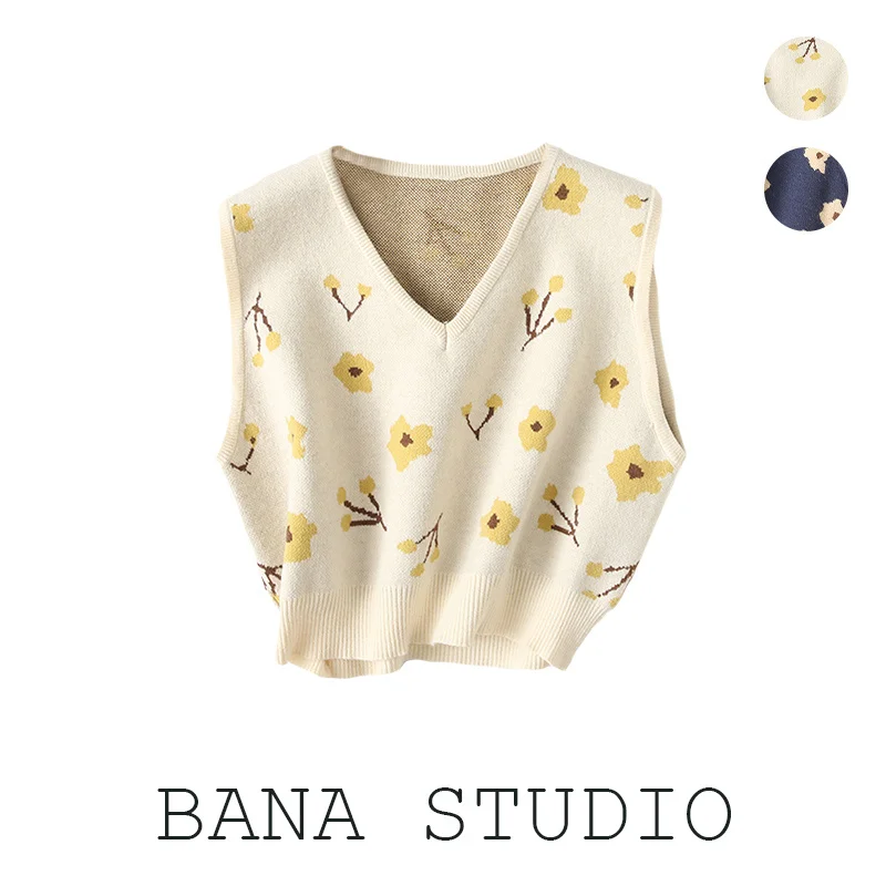 

BANA, корейский простой осенний новый женский свободный свитер с v-образным вырезом цвета Blo Flower ort, вязаный жилет, теплый свитер с подогревом, трапециевидной формы