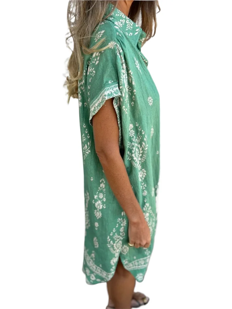 

New Summer Dress Loose Casual Short-sleeved Cotton Linen Shirt Pocket Printed Dress For Women Fashion Elegant Dresses Robe Femme