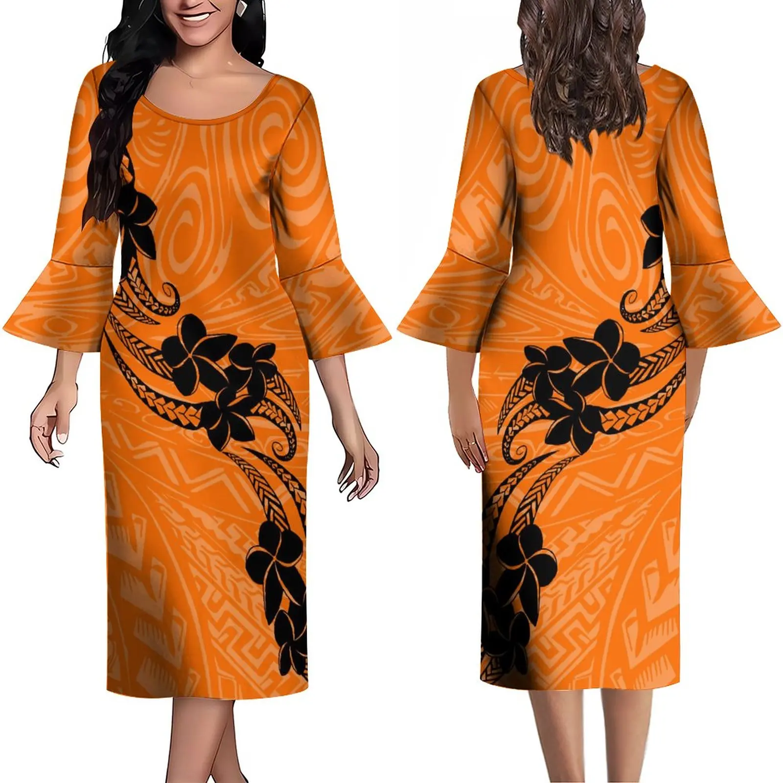 

Polynesian Fashion Dress Banquet Unique Dress Ruffled Cuff Design Summer Long Sleeve Dress Women's High Quality Dress