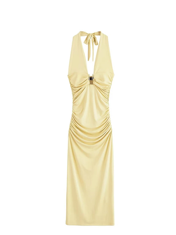 เดรสยาวทรงเข้ารูป แขนกุด คอ halter ผ้าเรียบ สไตล์เซ็กซี่  สำหรับผู้หญิง  ดีไซน์เก๋  หรูหรา  เปิดหลัง  จับจีบ