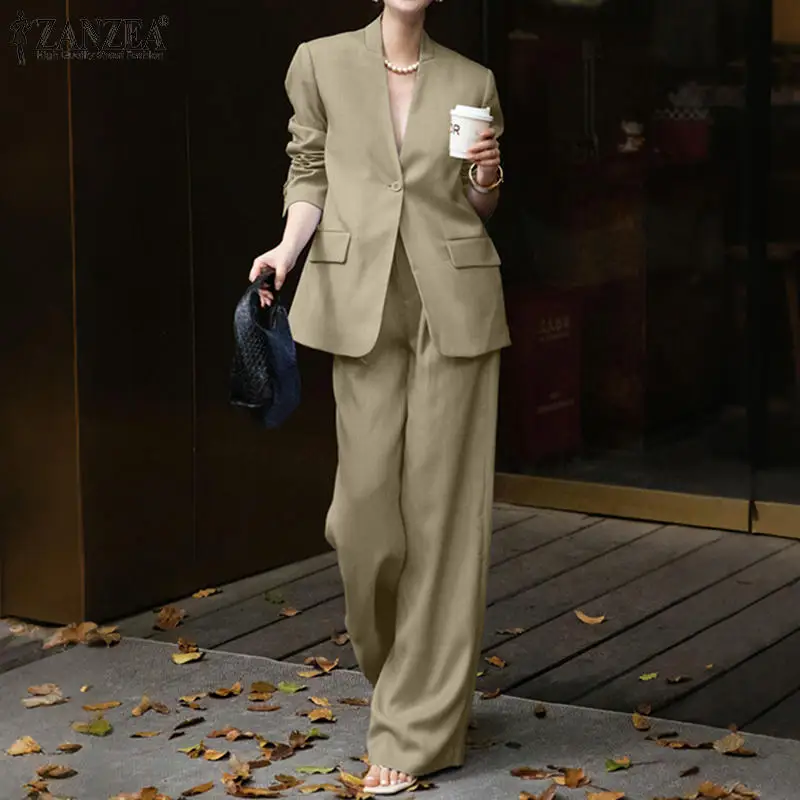 

Women 2025 Autumn Matching Sets ZANZEA 2025 Elegant V Neck Long Sleeve Blazer Pant Sets Casual Solid OL Work Outfit Tracksuit