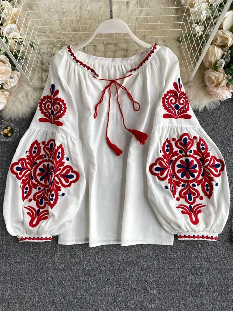 Women's Retro Blouse National Style Embroidered Lace-Up Tassel V-Neck Lantern Sleeve Tops Loose All-Match Female Blusa PL536