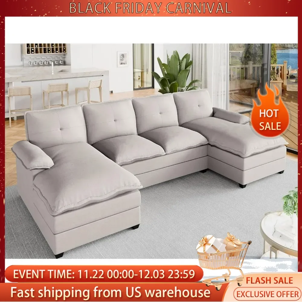 110in Sectional Couches, U Shaped Couch, 4Seat Large Sofa with Double Wide Chaise Lounge and Double Seating Cushions,Cloud Couch