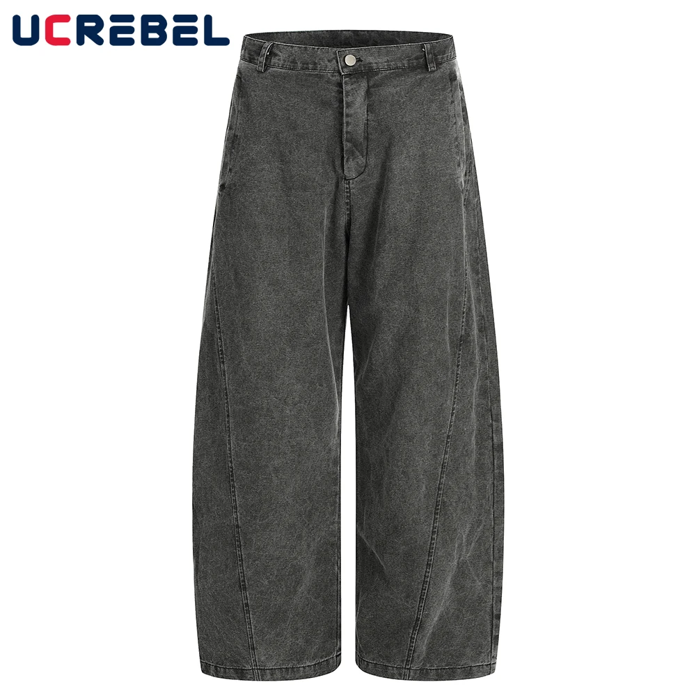 

Spliced Washed Distressed Jeans Mens Pocket Autumn Retro High Street Baggy Wide Leg Denim Pants Men