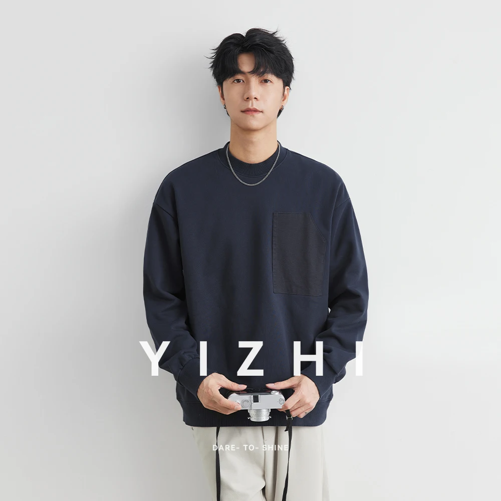 

Fashion Men's Thickened Sweater Japanese Retro Patch Pocket Design Autumn New Round Neck Casual Loose Long Sleeve Top Pullover
