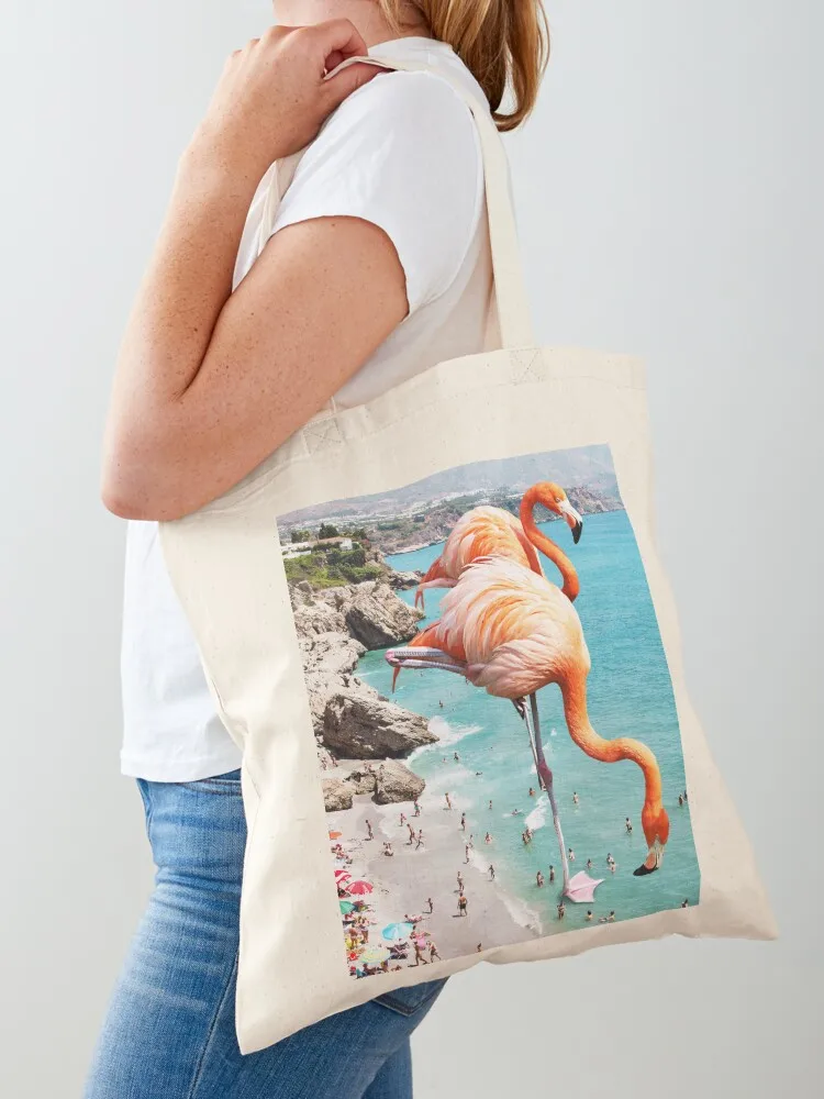 

Flamingos on the Beach, Wildlife Surrealism Birds, Nature Flamingo Fantasy Beach Summer Photography Tote Bag