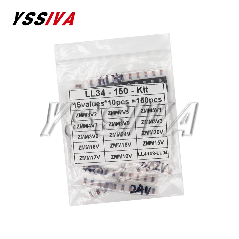 150pcs LL34 1/2W SMD Zener Diode Assorted Kit 0.5W 3V - 24V LL4148 15Values Each 10pcs DIY Sample Pack