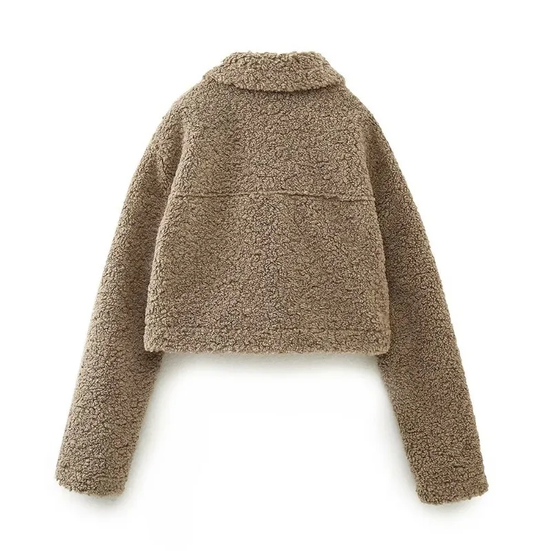 女性のショートソリッドフェイクラムファージャケットラペルスリムぬいぐるみアウタースタイリッシュなふわふわジャケット冬暖かい毛皮のようなコート長袖