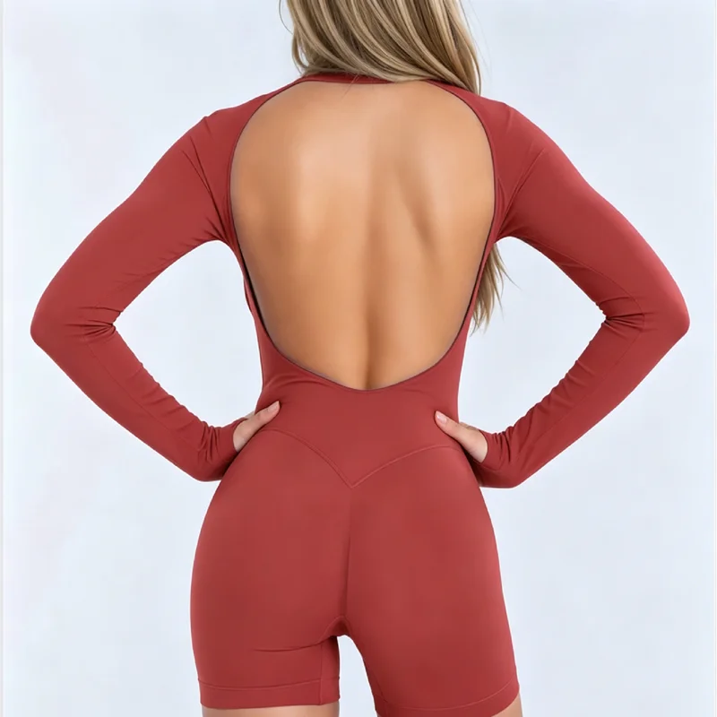 HISTELLO Butt Lifting Bodycon Long Sleeve One Piece Women Hollow Back Slim Soft Stretch Sport Run Gym Fitness Jumpsuit