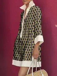 Freeacy-vestido estampado para mujer, traje holgado por encima de la rodilla, con cuello de solapa y mangas largas, para fiesta, primavera y verano