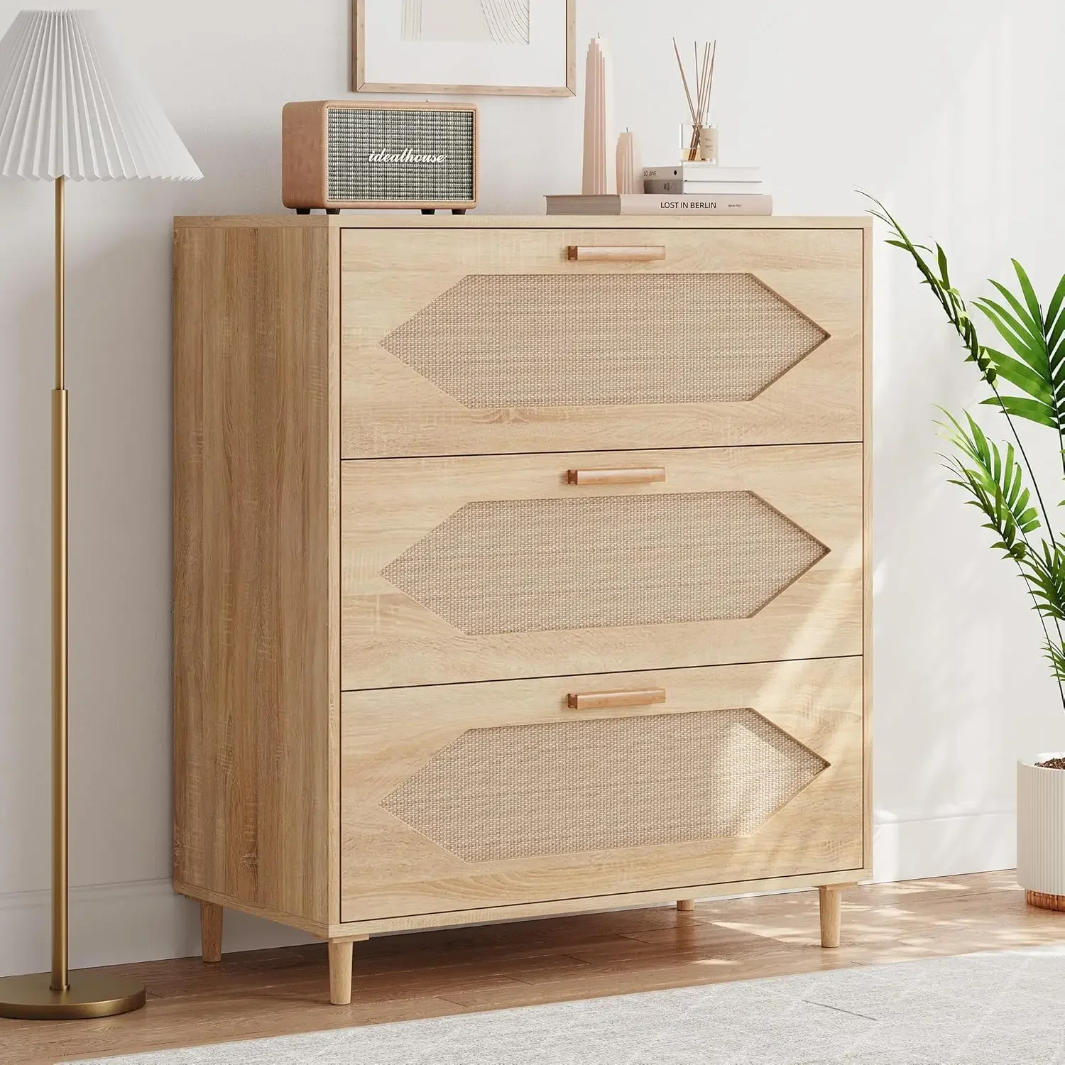 3 Drawer Dresser for Bedroom, Rattan Modern Closet Dressers Chest of Drawers, Wood Oak Storage Chest for Kids Bedroom, Hallway,