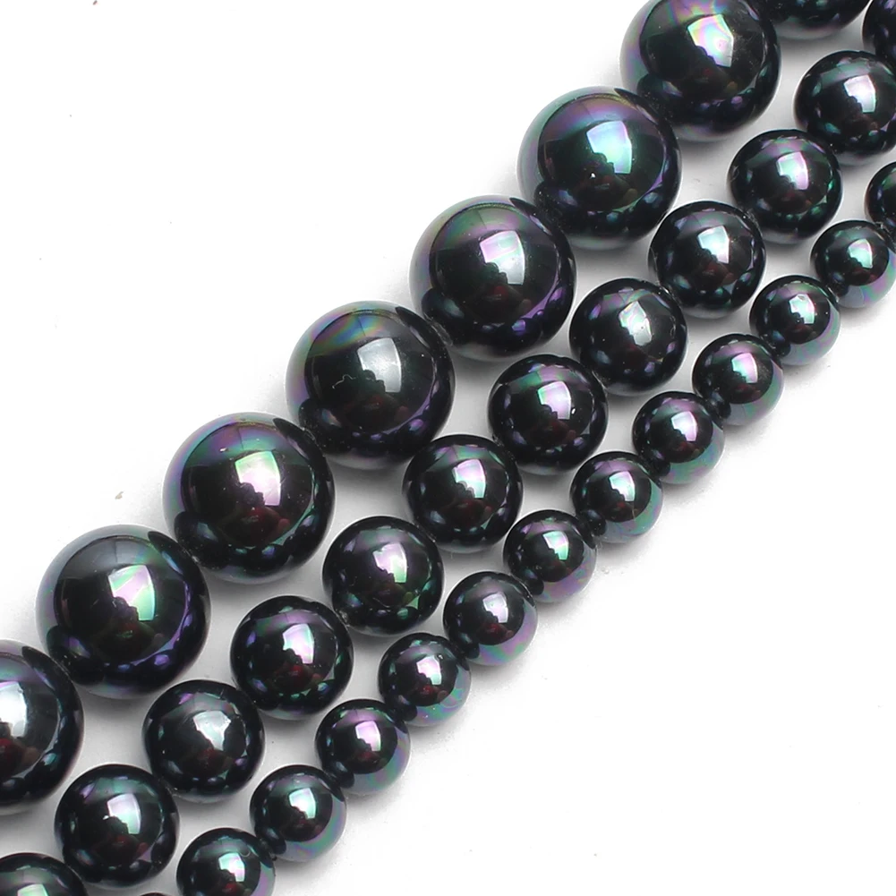 Natural Round Smooth Black Rainbow Shell Pearl Beads For Jewelry Making Choker Making Diy Bracelet  Jewellery 15\'\' 6/8/10/12mm