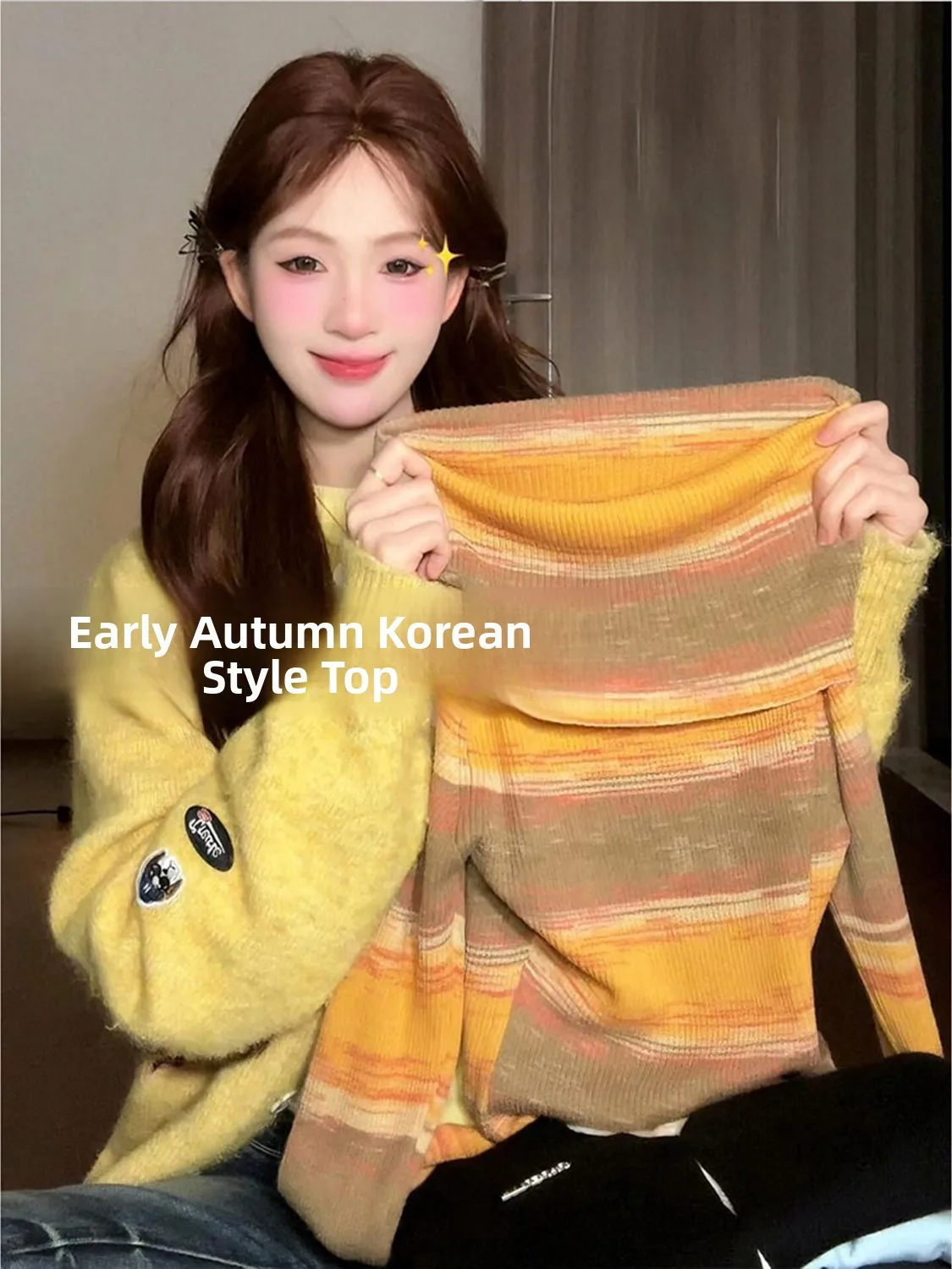 

Korean Striped One-oulder Long-Sve Knitted Top Women's Early Autumn Dopne Slimming Inner Wear Sweater Base irt