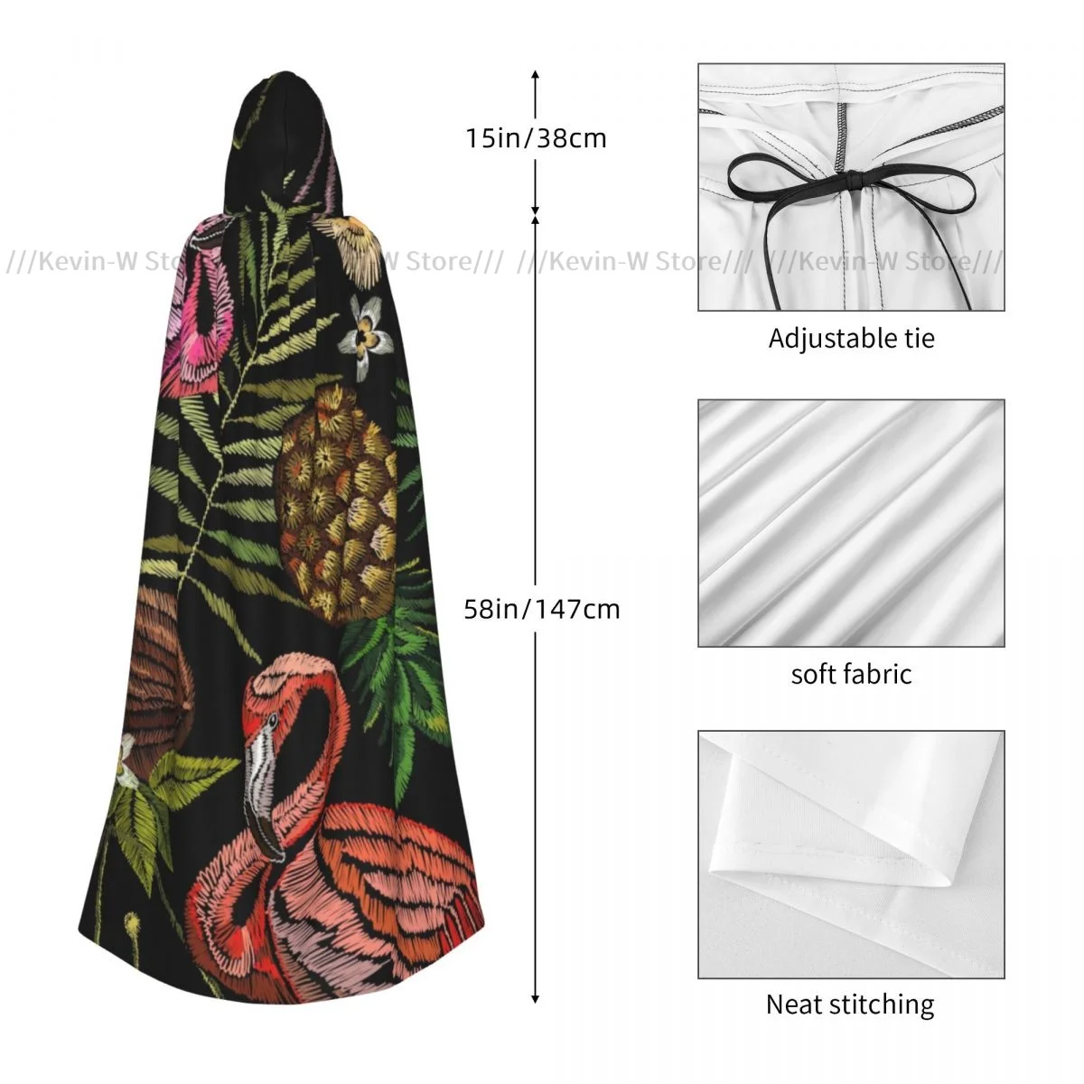 Unisex Witch Party Reversible Hooded Adult Vampires Cape Cloak Embroidery Tropical Flamingo Palm Tree Leaves Pineapple Coconut view 4