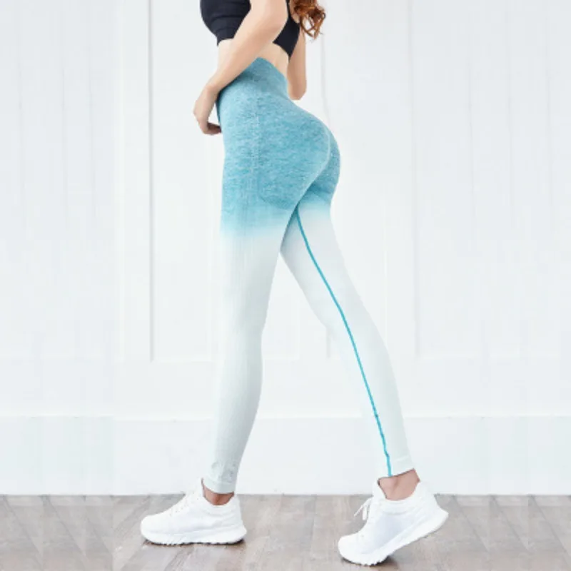 Women Gradient Seamless Leggings Knitted Slim Pants Gym Trainning Running Elastic High Waist Hip Lift Sports Yoga Leggings