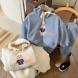 Children's Set Autumn Winter Baby Boys Girls Suit Bear Hooded Integrated Velvet Thick Hooded Sweatshirt +sweatpants Two-piece