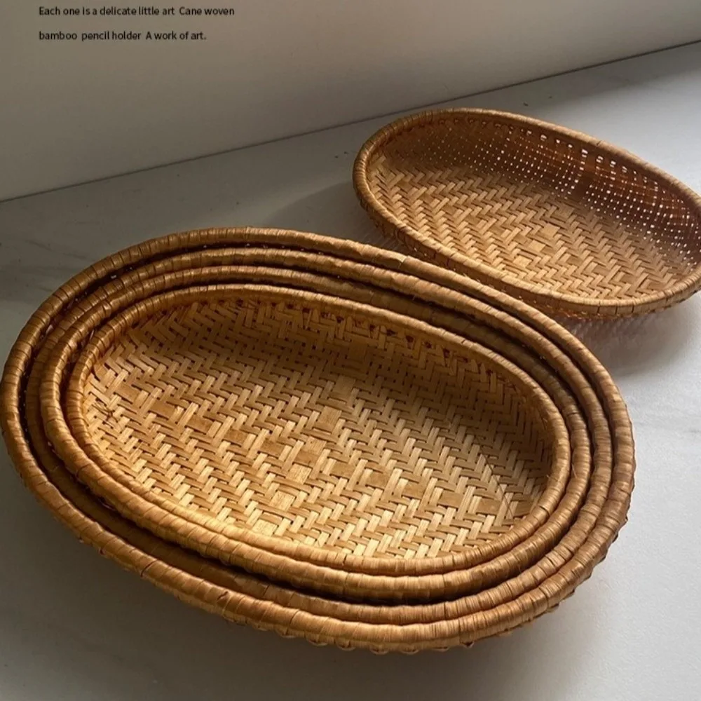 Cesta de almacenamiento de mimbre de forma ovalada, cesta de exhibición de frutas de Material de mimbre hecha a mano, cesta de pan tejida de diseño curvo transpirable
