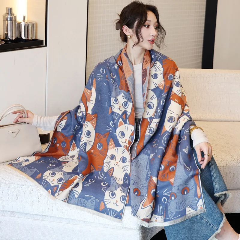

Fashion Cute Cartoon Cat Jacquard Thick Faux Cashmere Shawl Long Scarf Spring Autumn Wraps Winter Neckerchief