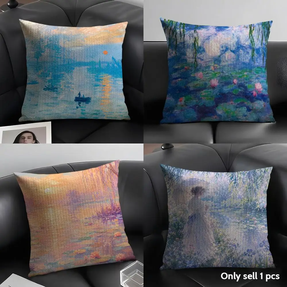 Monet Water Lilies Oil Painting Cushion Cover Linen Organic Fabric Double-Sided Printing Sofa Breathable Home Decor Pillow Case