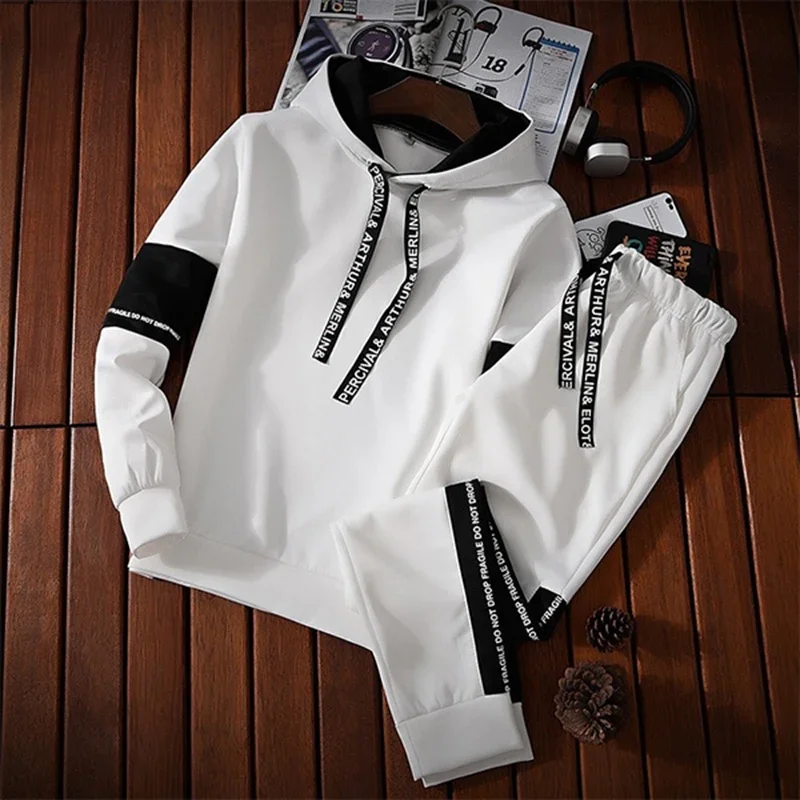 Chándal cálido para hombre, Conjunto de sudadera de 2 piezas con capucha y pantalones de chándal, Top blanco y negro de alta calidad, ropa informal