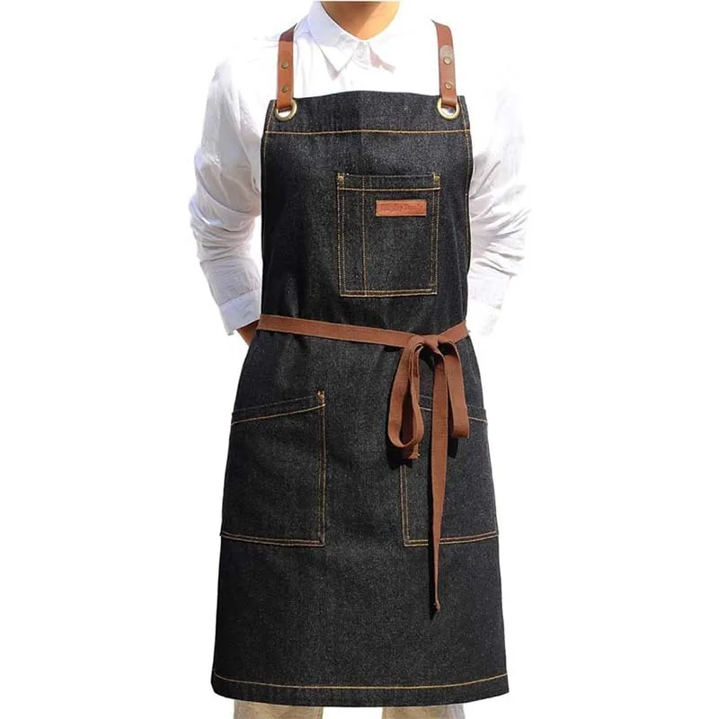 

Black Denim Apron for Home Chefs Bartenders Cafe Kitchen Cooking Baking Durable Adjustable Waist baking accessories