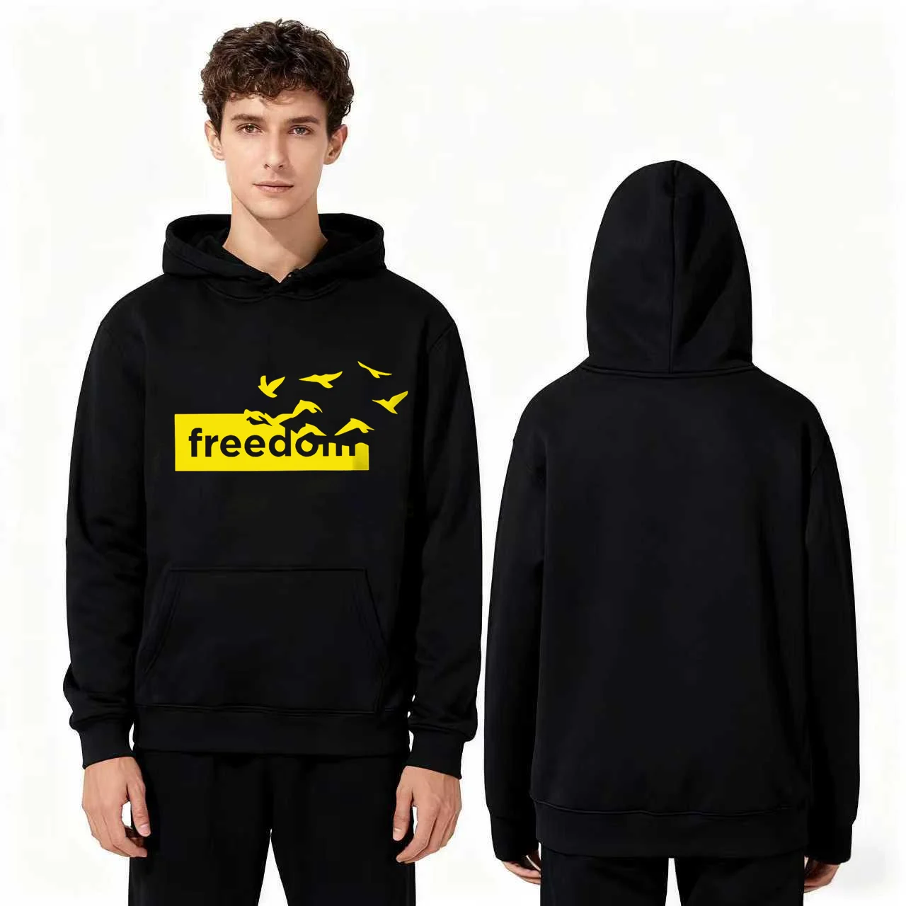 

2025 New Fashion 330gsm Heavyweight Hoodie Black Freedom Bird Chest Print Comfortable Unisex Sweatshirt