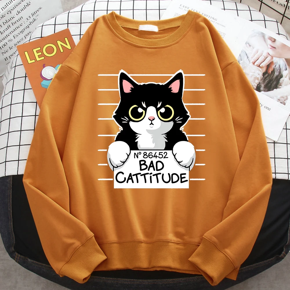 Autumn Winter Womens Pullover No86452 Bad Cattitude Funny Cat Print Hoodie Fleece All-Math Sweatshirts Warm Crewneck Ladies Tops