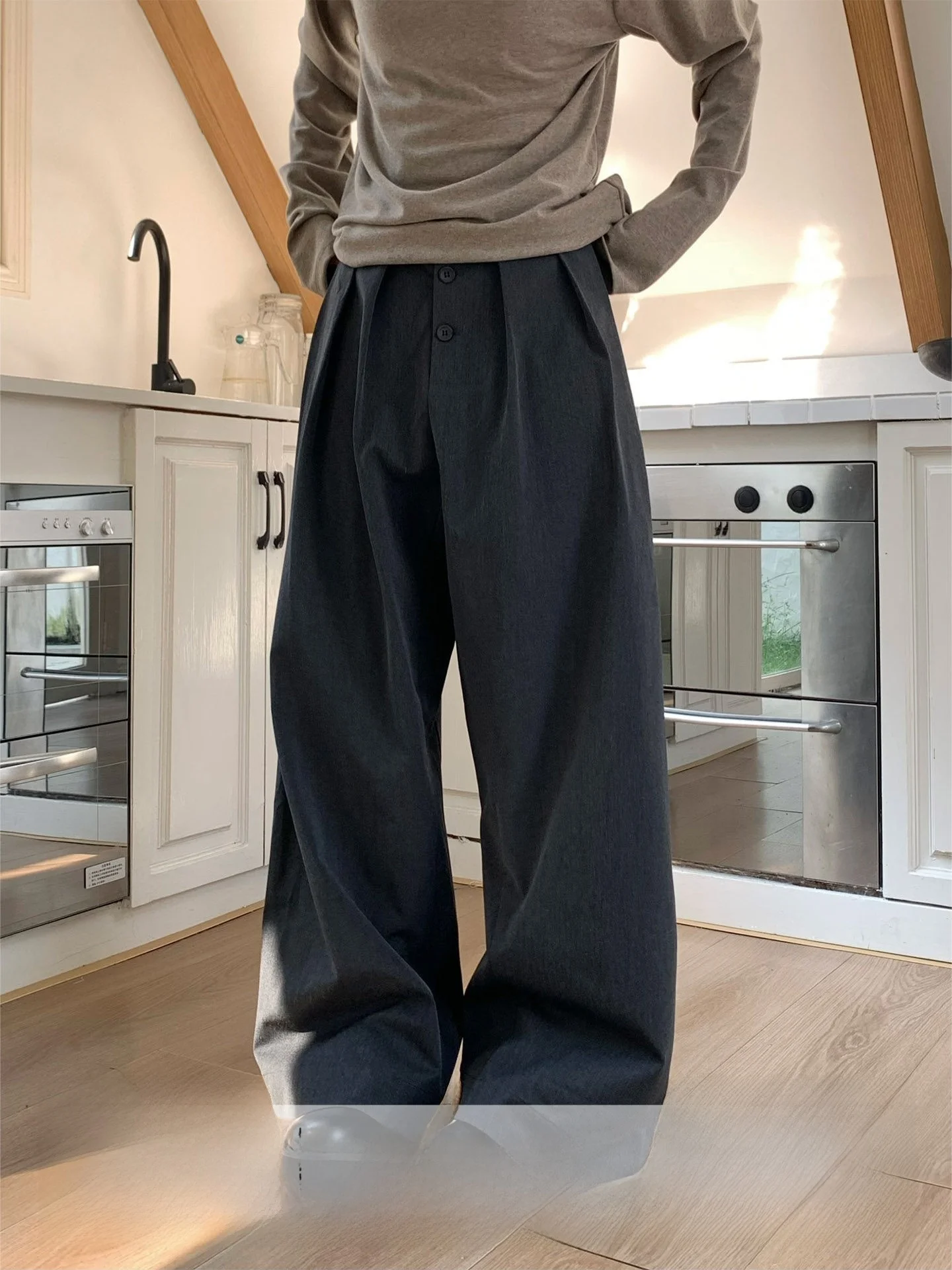 Deep Grey Casual Wide Leg Suit Pants Unisex Autumn High Waist Straight Cut Long Trousers for Men And Women