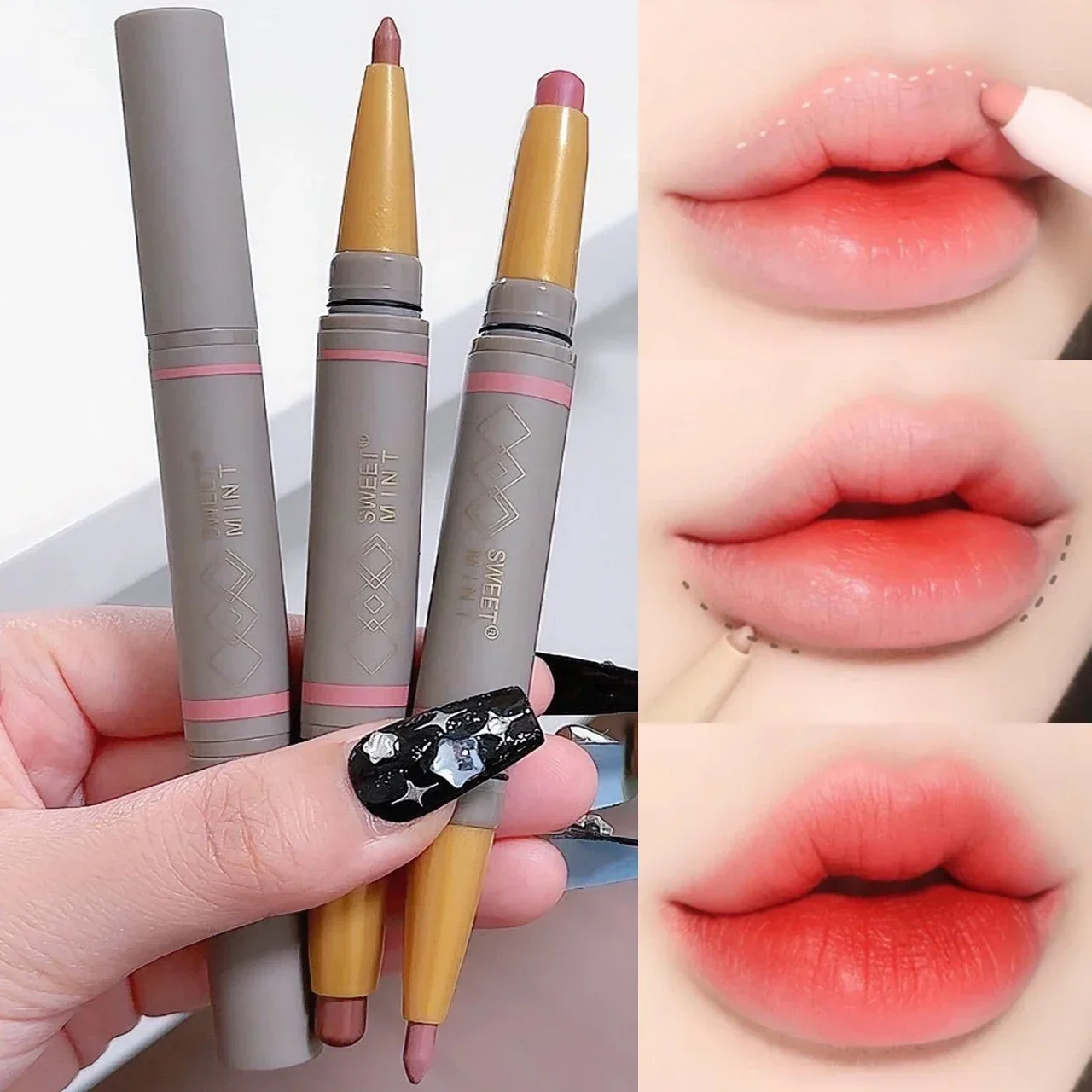 Dwustronna matowa kredka do ust Nude Brown Pink Contour Tint Lipstick Lasting Non-stick Cup Lipliner Pen Lips Makeup Cosmetic