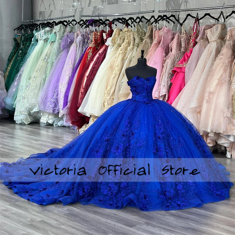 Fascinating King Blue Lace Applique Quinceanera Dresses Ball Gown 3D Flowers Mexican Birthday Lace Up Sweet 15 16 Dress Luxury