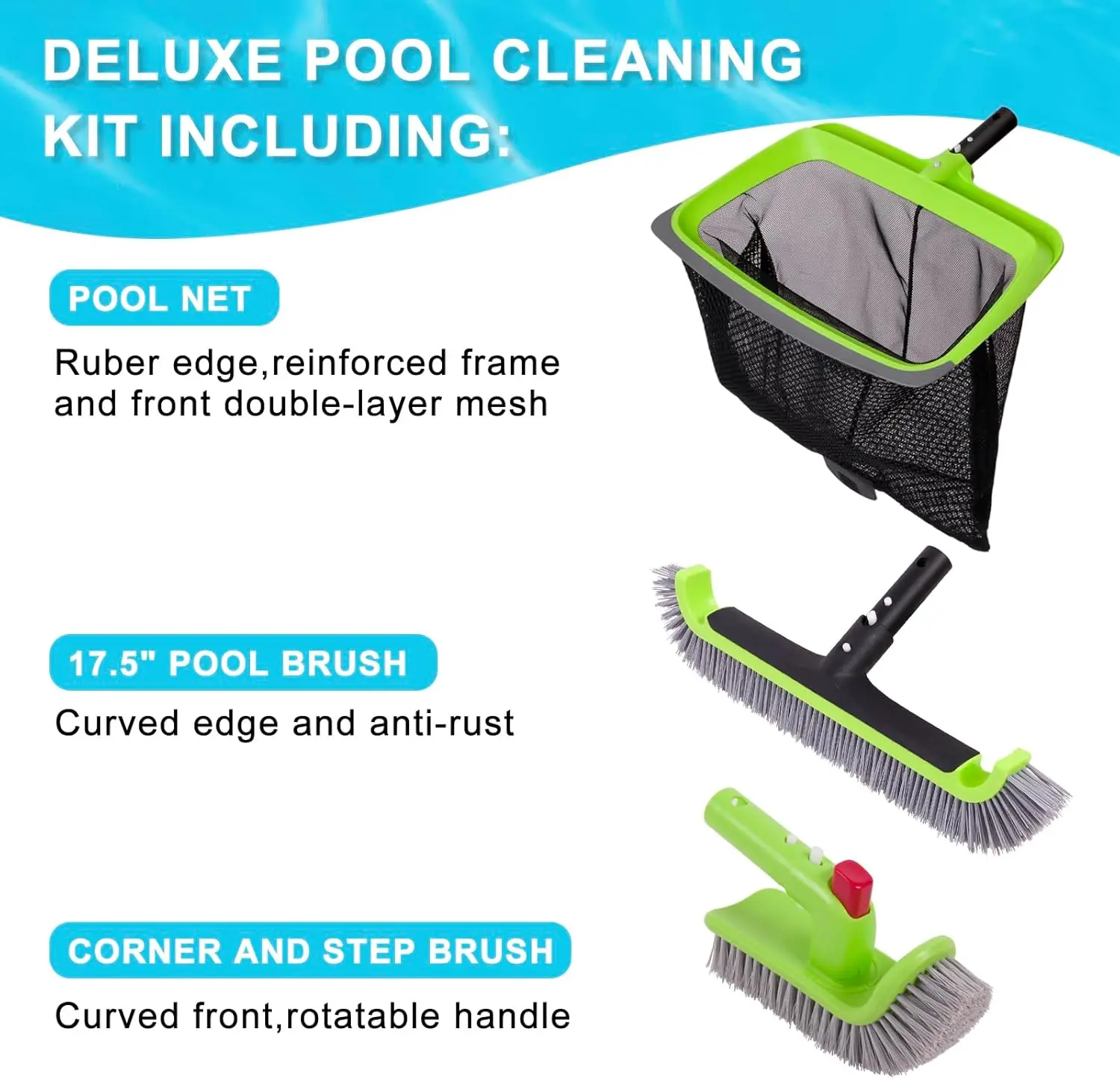 

Deluxe Swimming Pool Cleaning Kit Including Rubber Edge Skimmer Net,17.5" Pool Brush Head & Hand Scrub Brush(NO Pole)