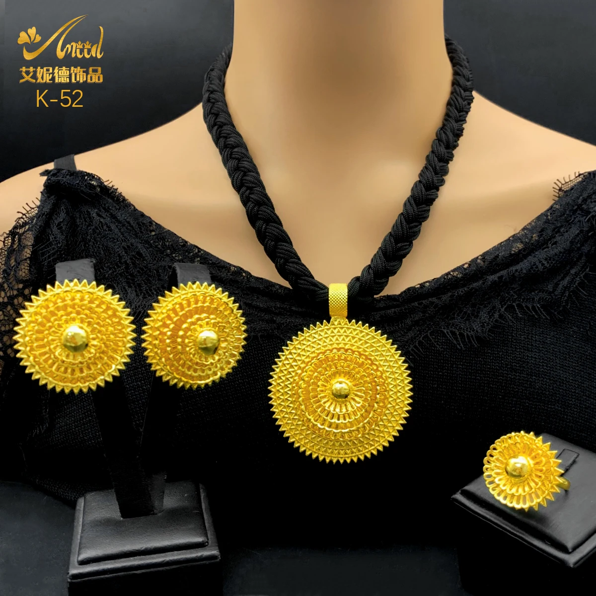 Ethiopian Black Rope Necklace Earrings Jewelry Set For Women Dubai 24K Gold Plated Indian African Bridal Wedding Party Jewellery