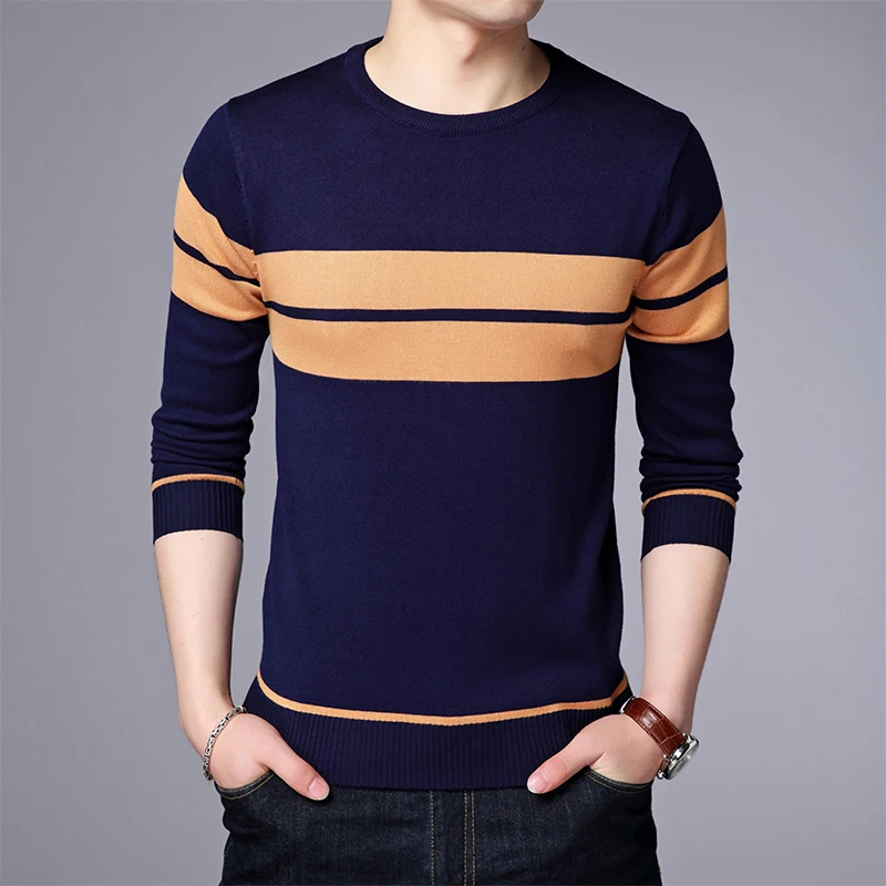 Men\'s Casual Striped Knit Spring and Autumn Long Sleeved Pullover Fashion Top