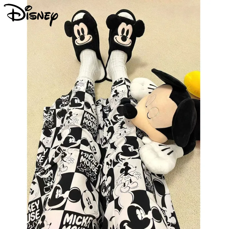 Disney Mickey New Korean Style Casual Home Pants Loose Straight Black White Plaid Trousers For Women Spring Soft Thin Pants Y2k