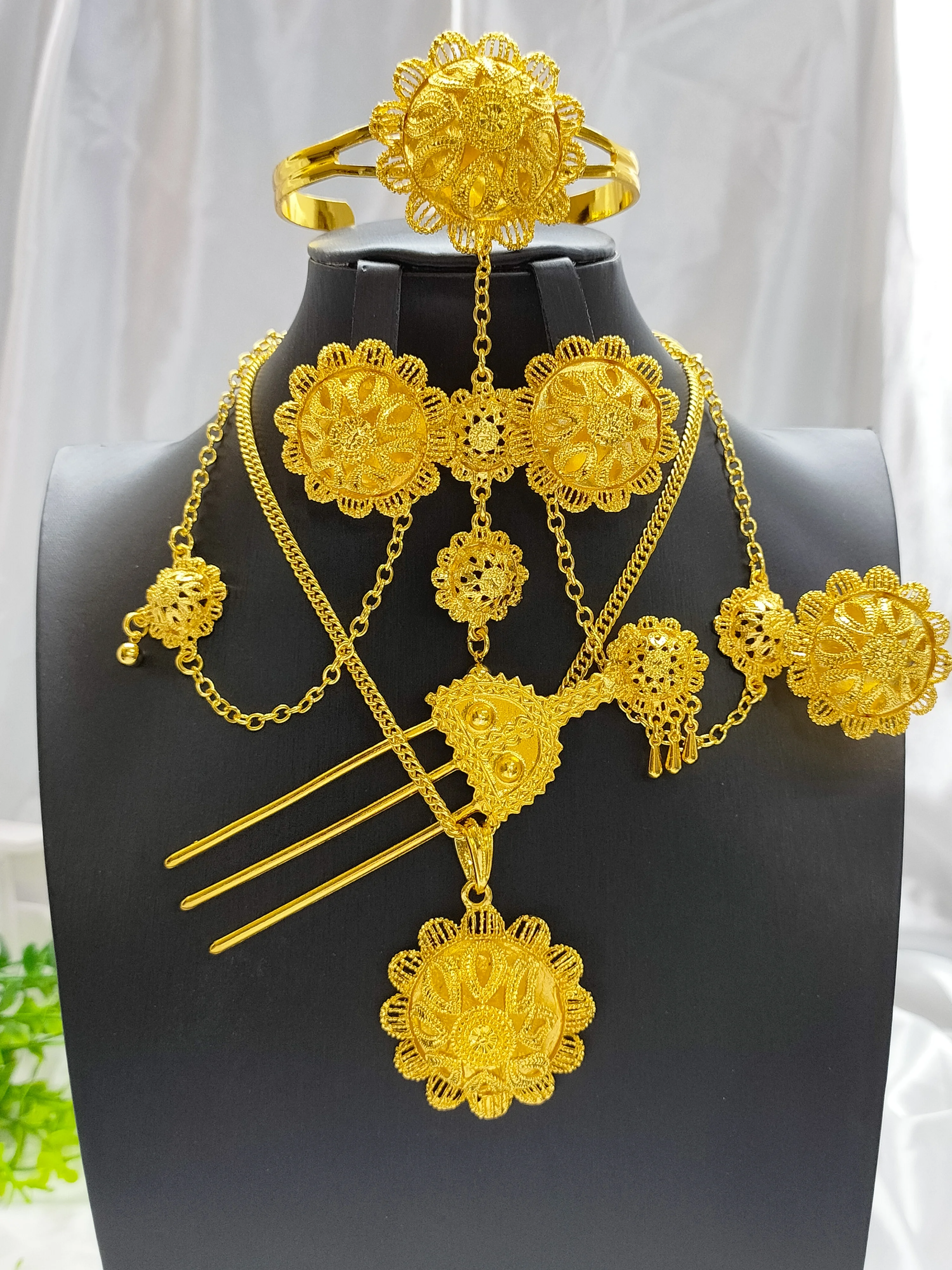 Ethiopian Wedding 24k Gold Color 6pcs Jewelry Sets For Women Dubai Flower Shape Nigerian Luxury Necklace Jewellery Set Gift