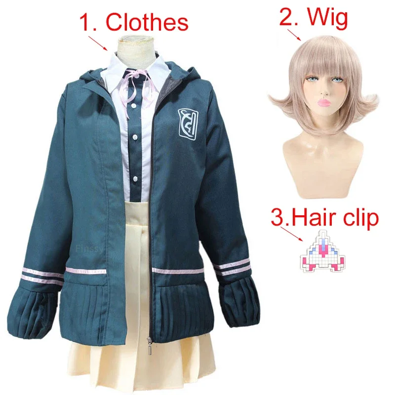 High School Girl Student Short Skirt Uniform Danganronpa Nanami ChiaKi Cosplay Costume  Wigs Hairpins