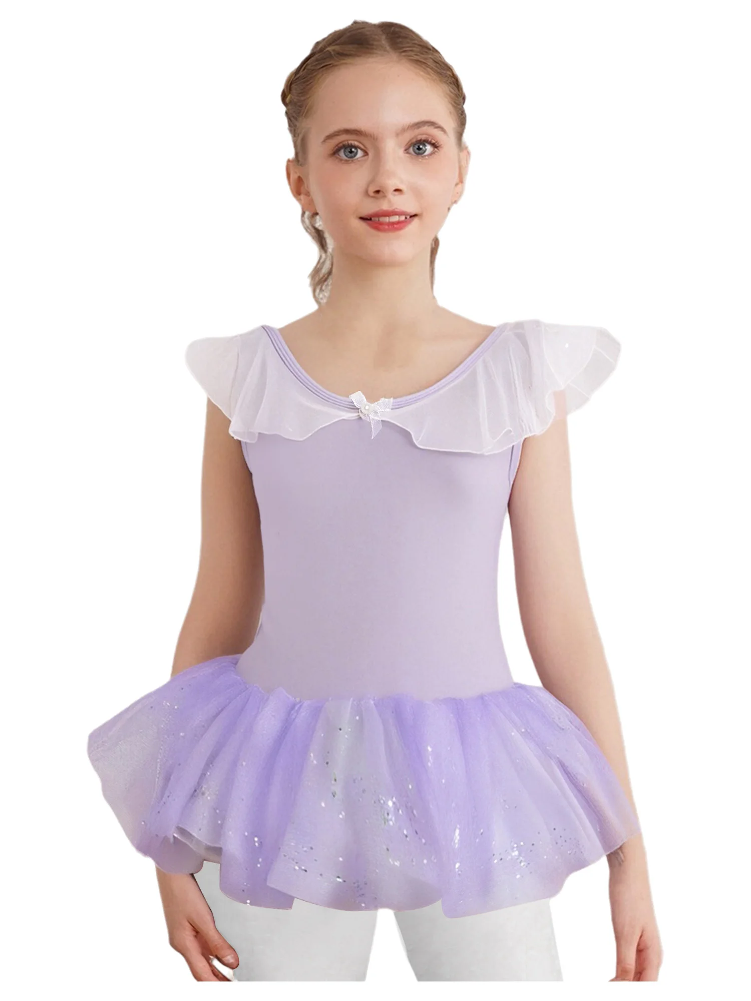 

Girls Ballet Gymnastics Dance Performance Costume Ruffled Collar Sleeveless Backless Leotard with Shiny Sequins Tutu Skirt