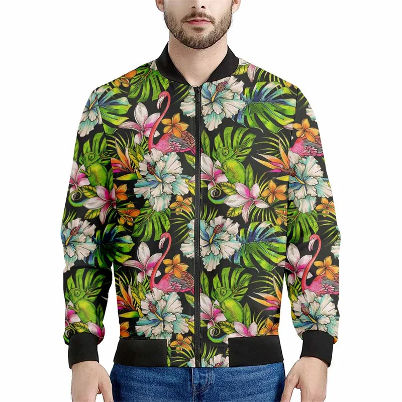 Hawaiian Colorful Flower Graphic Jacket Men 3d Printed Tropic Plants Sweatshirts Long Sleeves Street Bomber Zipper Coats Tops