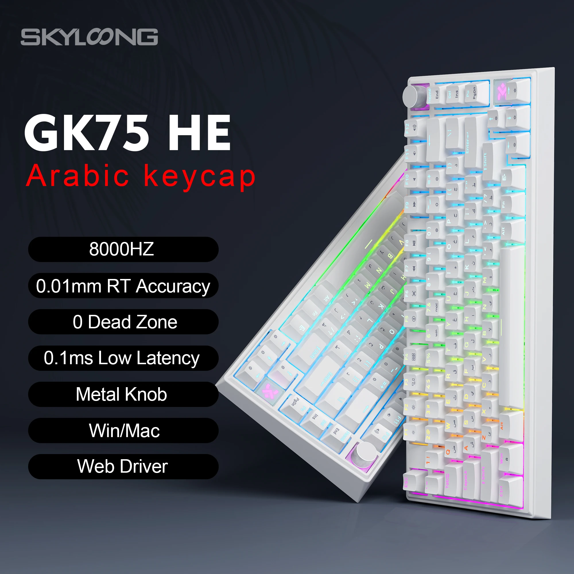 

SKYLOONG GK75 HE Проводная магнитная клавиатура Арабский колпачок для клавиш 8000 Гц PBT Shine Through Keycap RGB с подсветкой 75% профиль для офиса/игр