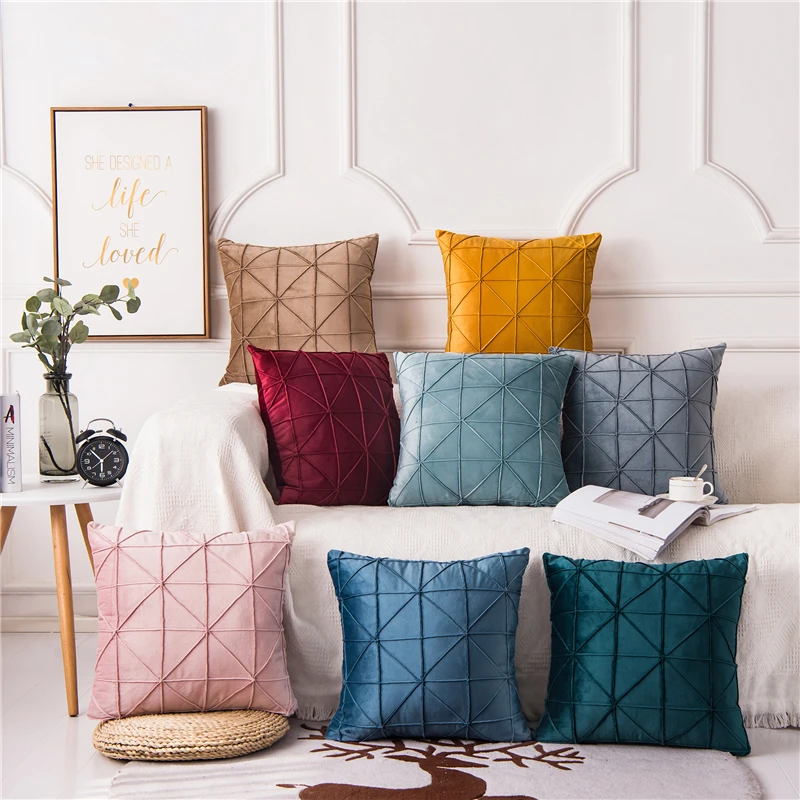 

45x45cm Geometric Striped Velvet Solid Color Cushion Cover Car Office Home Sofa Seat Chair Decoration